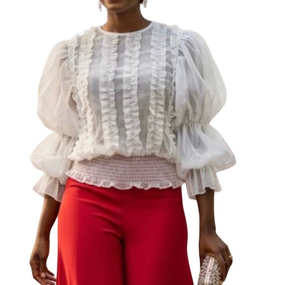 N BY NANCY Tops - Smocked White Ruffle Puff-Sleeve Blouse
